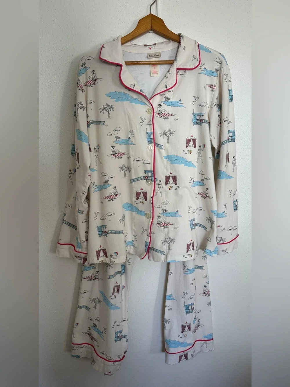 BedHead Pajamas XL 2PC Retro Beach Print Long Sleeve Top & Pants Set Cream Red